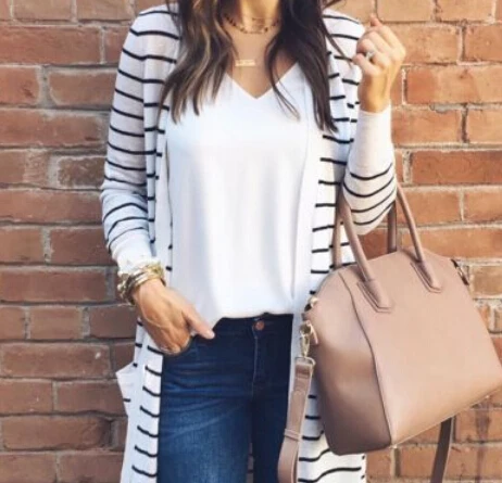 

Fashion Women's Long Sleeve Stripe Sweater Top Casual Cardigan Outwear Coat Jacket Open Stitch