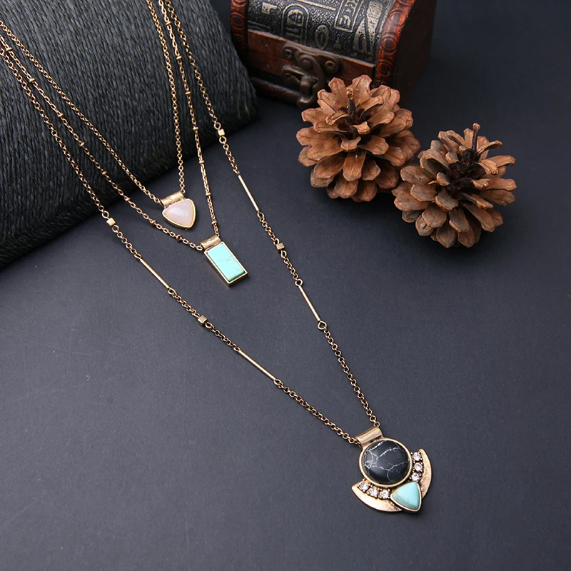 Женское многослойное ожерелье из синтетического камня со съемным Ретро синим