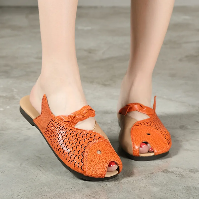 Women Leather Slippers Flat Heels Peep Toe Summer Shoes Girls Casual Handmade Genuine Beach Slipper Fish | Обувь