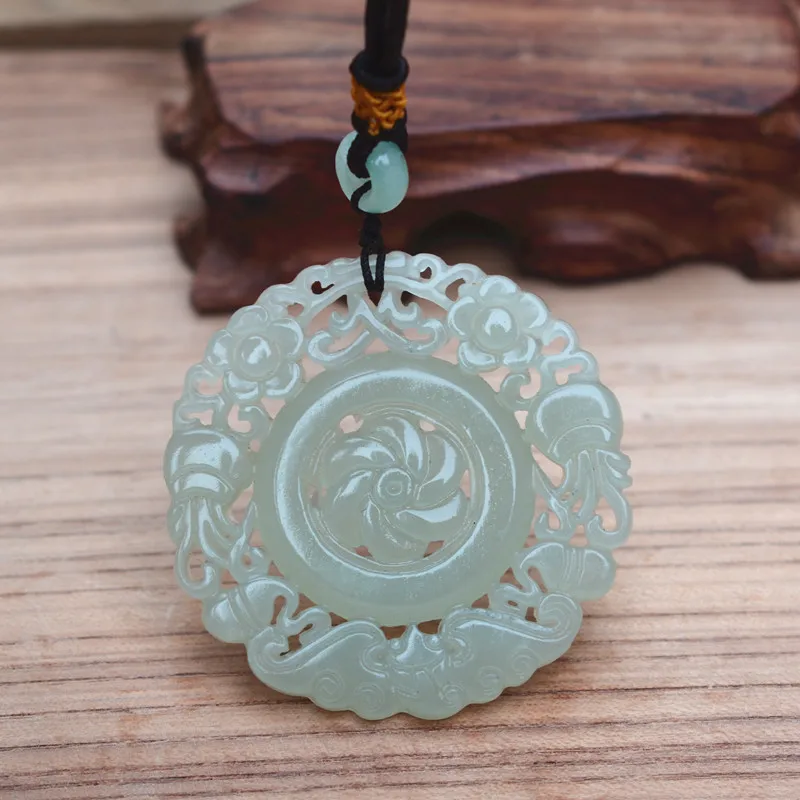 

(Certificate) Natural HETIAN Jades Stone Pendant Carved Hollow-out Round Flower DisK Pendant Necklace Women's Stone Jewelry+Rope