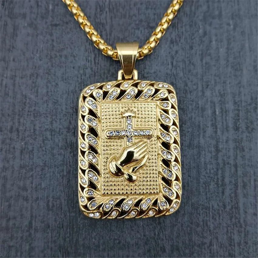 Хип хоп ледяной Bling квадрат Молитва Руки Крест Подвески Ожерелья золотой цвет