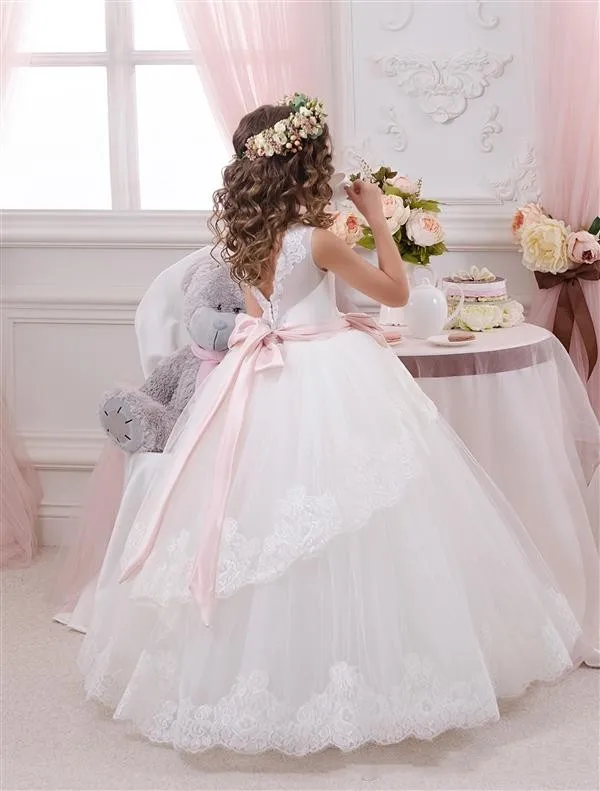 

Princess Ball Gown White Lace Flower Girls Dresses For Weddings Cheap 2021 Tulle Belt Bow Knot Custom First Communion Dress Gown