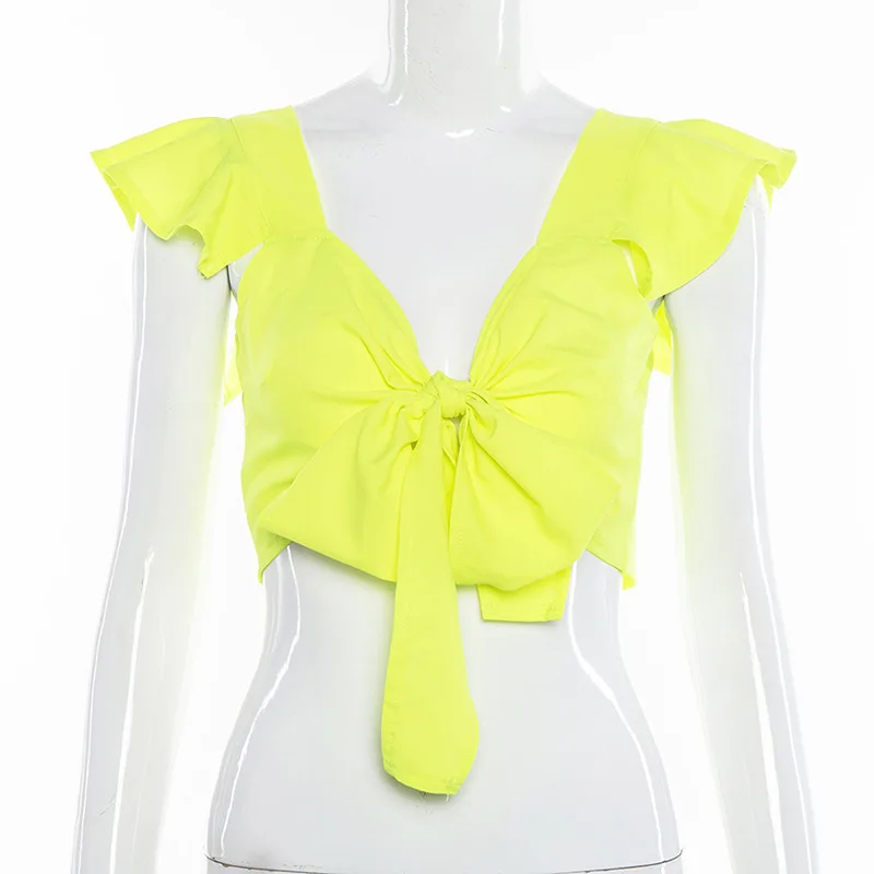 Женская футболка летняя неоновая зеленая с треугольным вырезом|Футболки| |