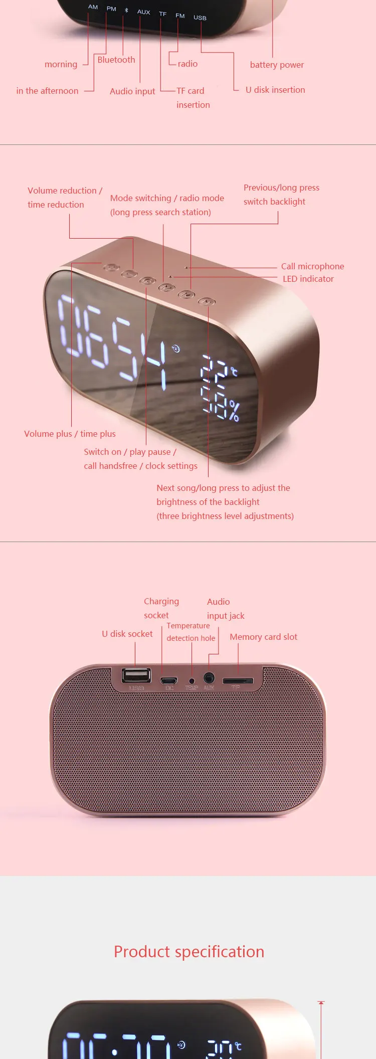YAyusi bluetooth-динамик для душа мини портативный компьютер колонки с будильником дисплей fm радио спальня динамик