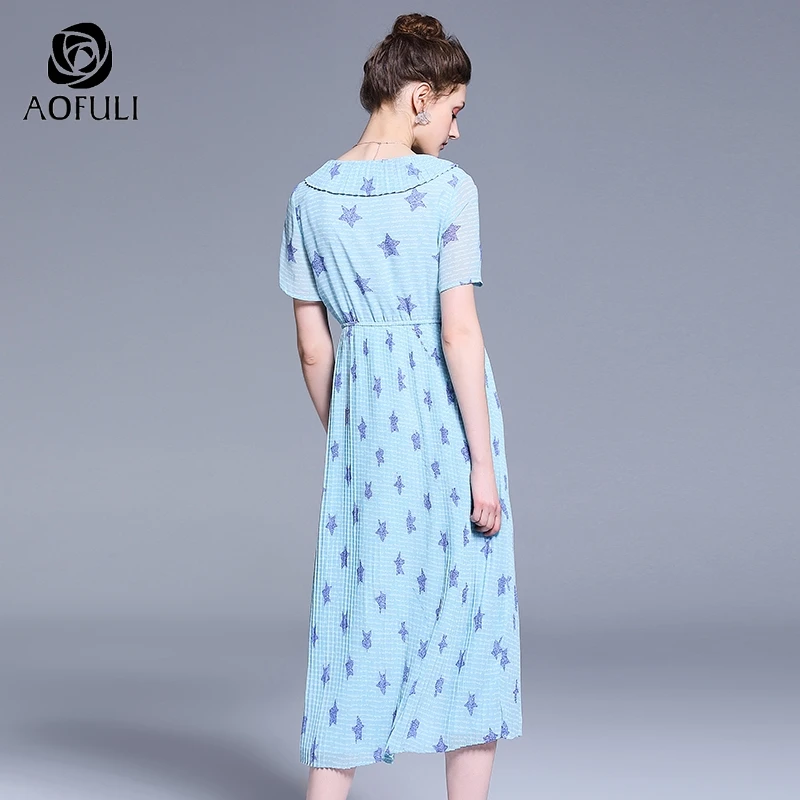 Женское плиссированное платье AOFULI Boho синее средней длины с коротким рукавом и