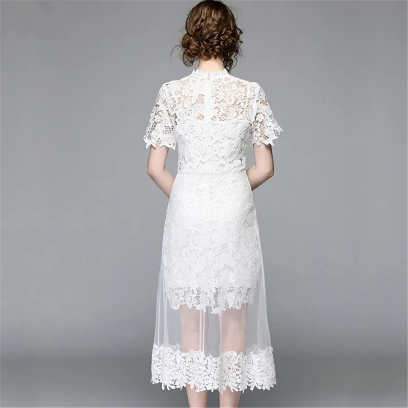 Summer Female Mesh Patchwork Long Lace Dress Women O-Neck Work Casual Party Slim Sexy White Dresses Vintage Vestidos | Женская одежда