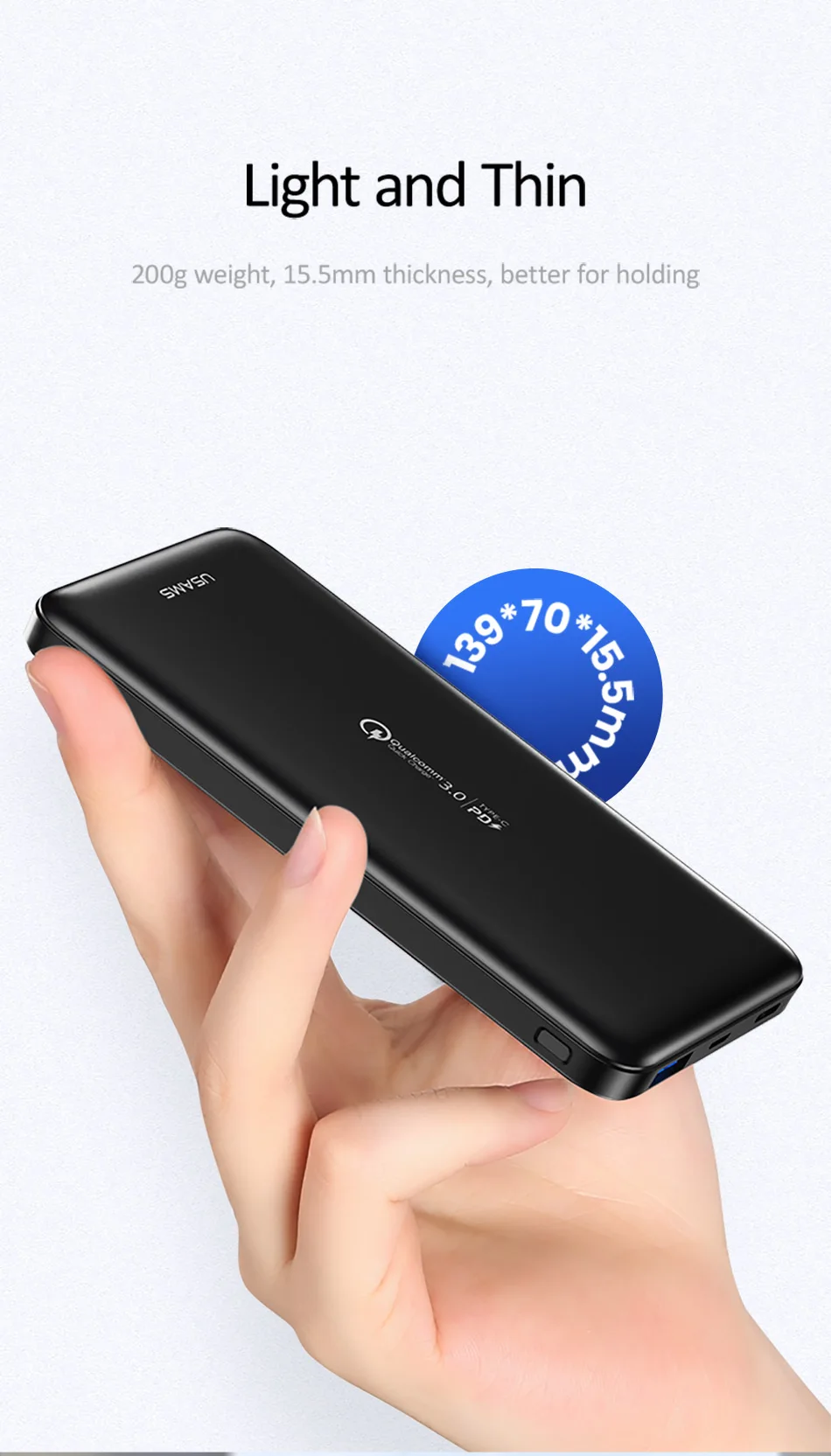 Внешний аккумулятор PD QC3.0 USAMS power bank для iPhone Xiaomi Quick Charge 3,0 портативное Внешнее зарядное устройство для мобильного телефона huawei