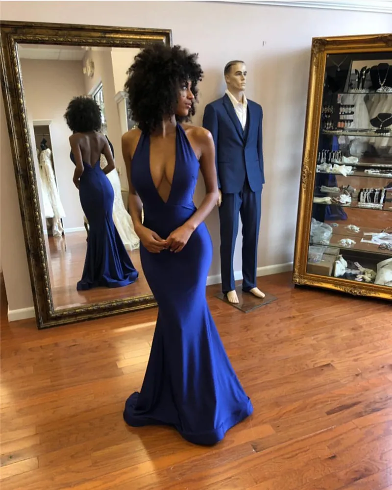 

Deep V-neck Mermaid Prom Dresses 2019 Sexy Backless Dress Evening Wear Formal Long Sweep Train Royal Blue Special Occasion Gowns