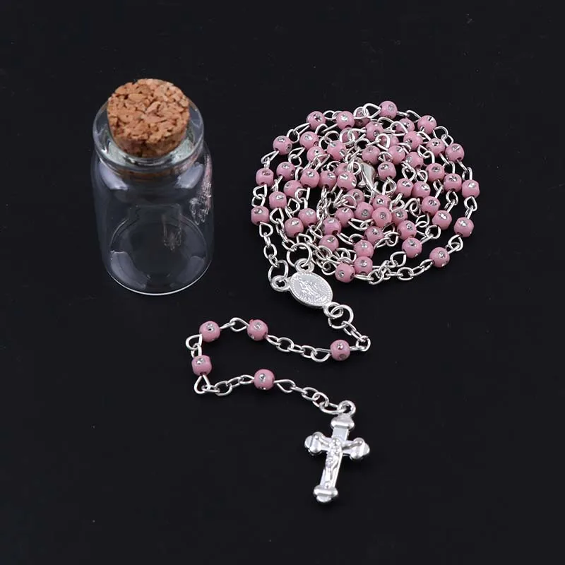 pink 6 pieces 6 шт. 4 мм стеклянная бутылка Сияющие Молитвенные Четки инри кулон в форме Креста с Иисусом ожерелье католические модные религиозные украшения - Окраска металла: pink 6 pieces