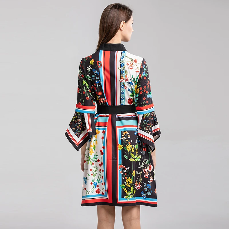 2019 Summer Pretty Floral Print Dress High Quality Fashion V_neck Three Quarter Flare Sleeve Loose Cute With Sashes | Женская одежда