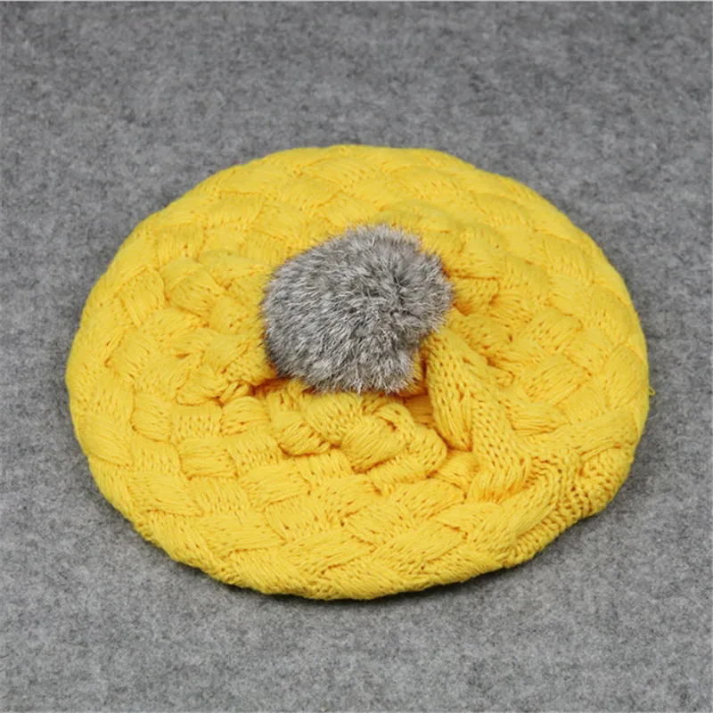 Berets are popular in winter Rabbit hair ball hat for children Chaobao knitted cap Monochromatic ear protector wool gifts | Аксессуары