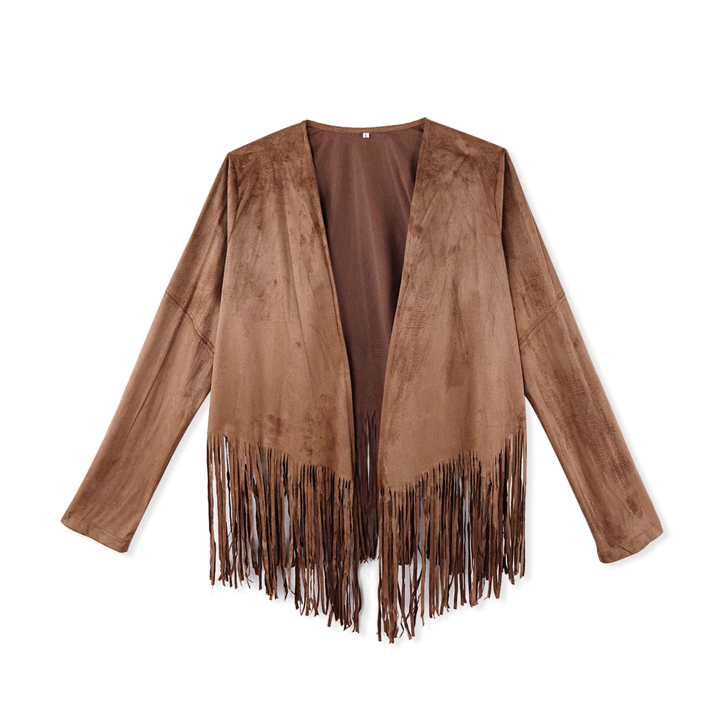 Замшевая куртка с длинным рукавом и бахромой женская модная повседневная V