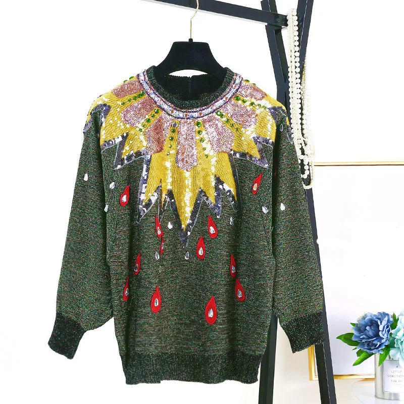 2018 Exquisite beaded metal texture embroidered pullover sweater winter women's long-sleeved S-L | Женская одежда