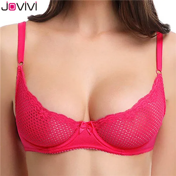 Neon Pink Jovivi/летний женский сексуальный кружевной бюстгальтер из сетчатой ткани с косточками и мягкими чашечками Бюстгальтер-балконет 1/2 чашка черный/белый/бежевый/неоновый розовый тонкий бюстгальтер 1 шт - Цвет: Neon Pink