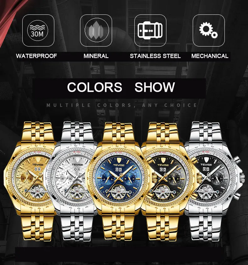 Tevise Топ бренд Роскошные мужские часы Автоматические Tourbillon механические часы для мужчин с автоматическим заводом мужские наручные часы Relogio Masculino