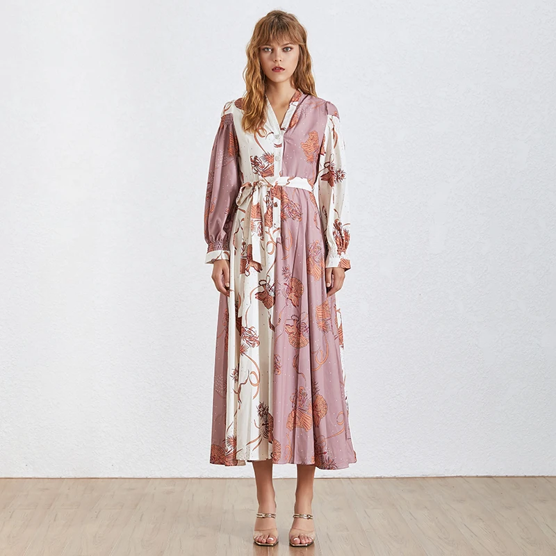 TWOTWINSTYLE Summer Print Dress Female V Neck Lantern Sleeve Bandage Bow Asymmetrical Dresses Women Fashion New Bohemian Style | Женская