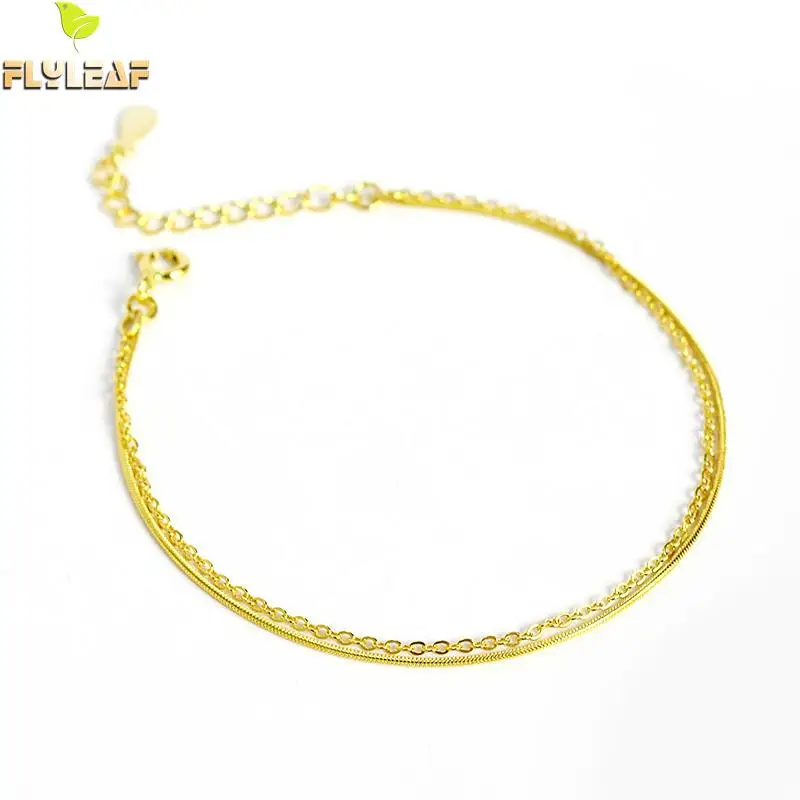 

Flyleaf Gold Snake Bone Chain Double Layer Bracelets & Bangles Real 925 Sterling Silver Bracelets For Women Fashion Fine Jewelry