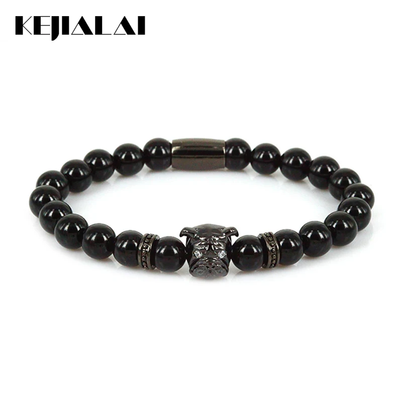 KEJIALAI Lucky Gem 2018 Fashion Men Jewelry Bulldog Charm Bracelet Women 8mm Black Stone Beads Pulseras Masculina Mantra Prayer | Украшения
