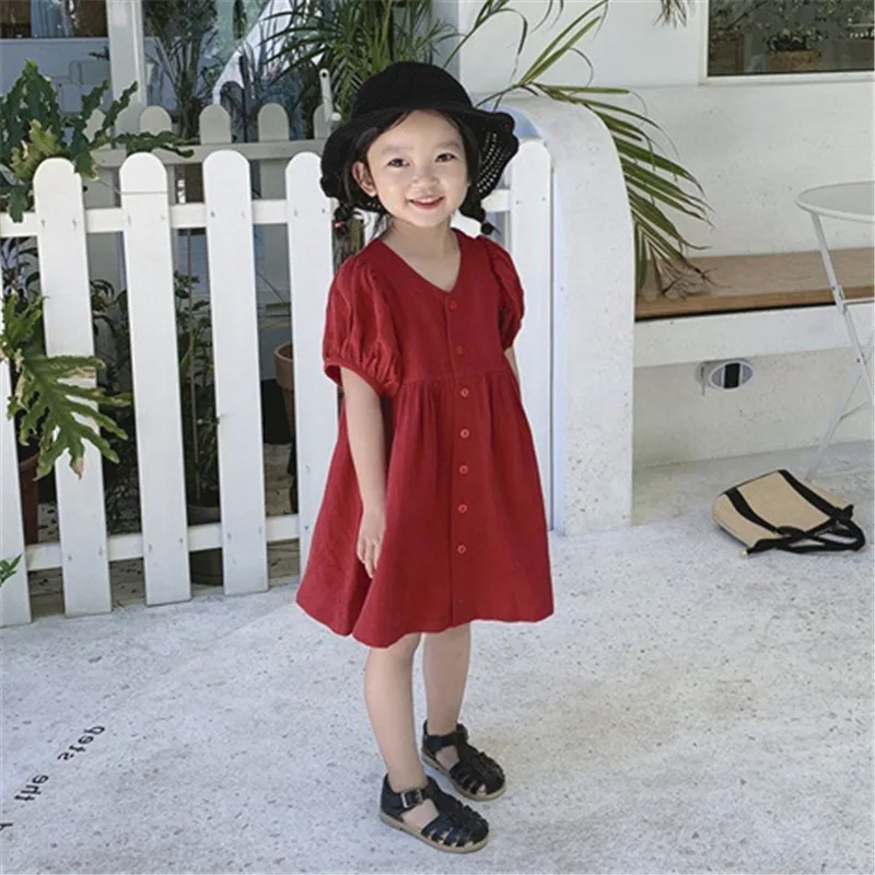 2019 Korean style cute girls solid color loose dress cotton single-breasted casual dresses 2-6Y | Детская одежда и обувь