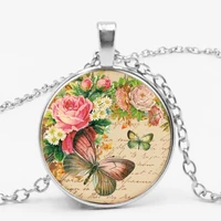 new retro beautiful accessories alloy hot sale rose butterfly time glass pendant necklace family photo private custom