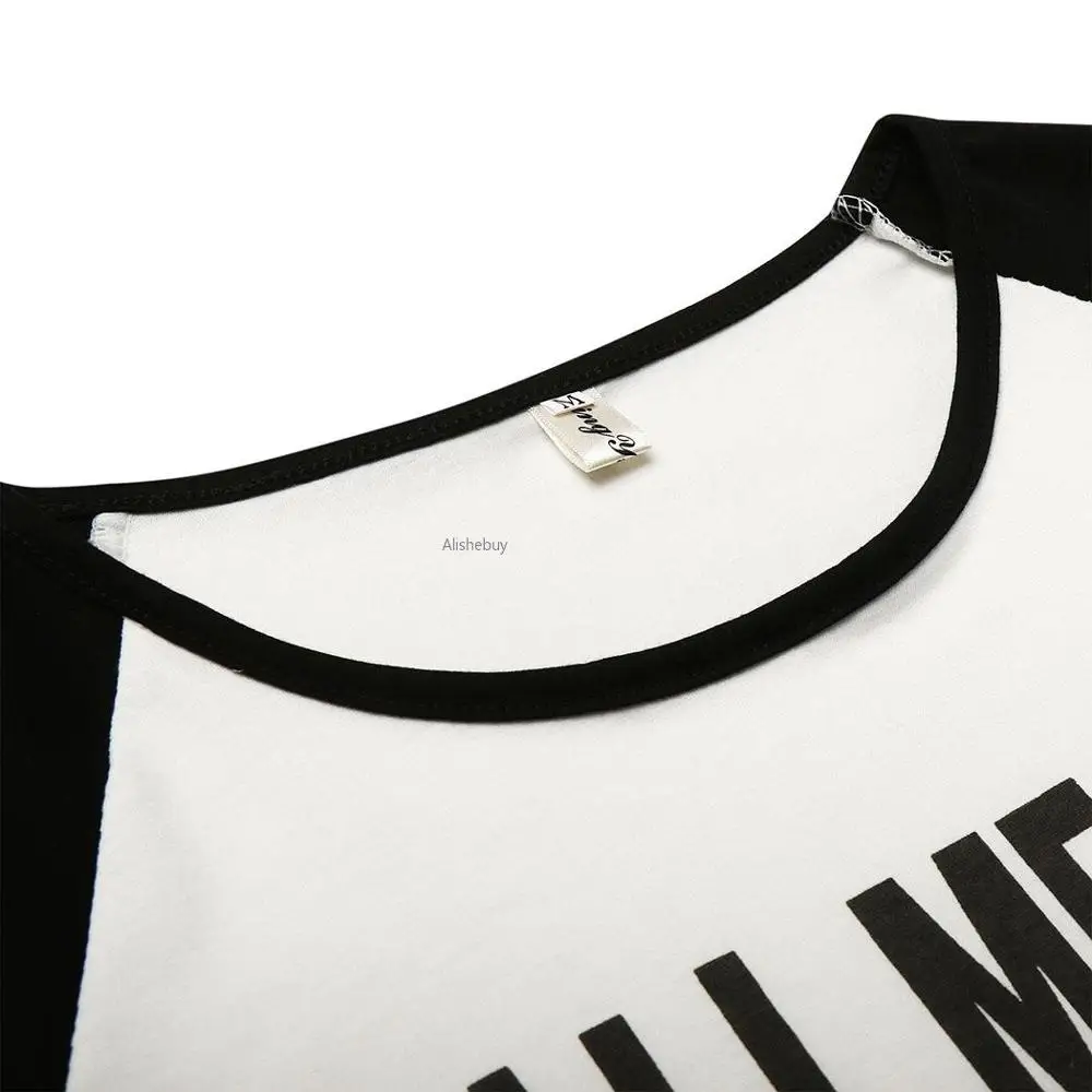Fashion Spring Girl 3/4 Sleeve Patchwork Tops Clothes Women Letters Printed Harajuku T Shirt Black White Female T-shirt Camisas | Женская