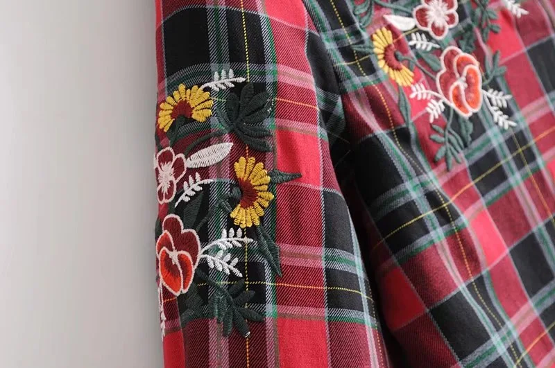 ZA Винтаж цветочный Вышивка Elegent Рубашки в клетку клетчатый с длинными рукавами и