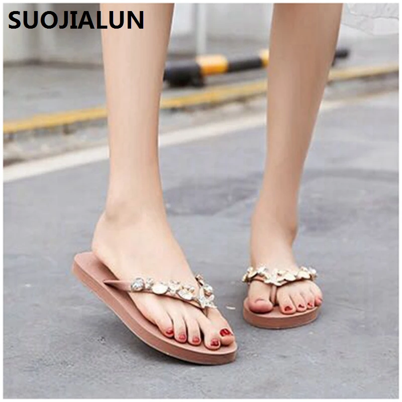 

SUOJIALUN 2019 Women Slippers Summer Beach Slippers Flip Flops Sandals Women Beach shell Slippers Ladies Flats Shoes