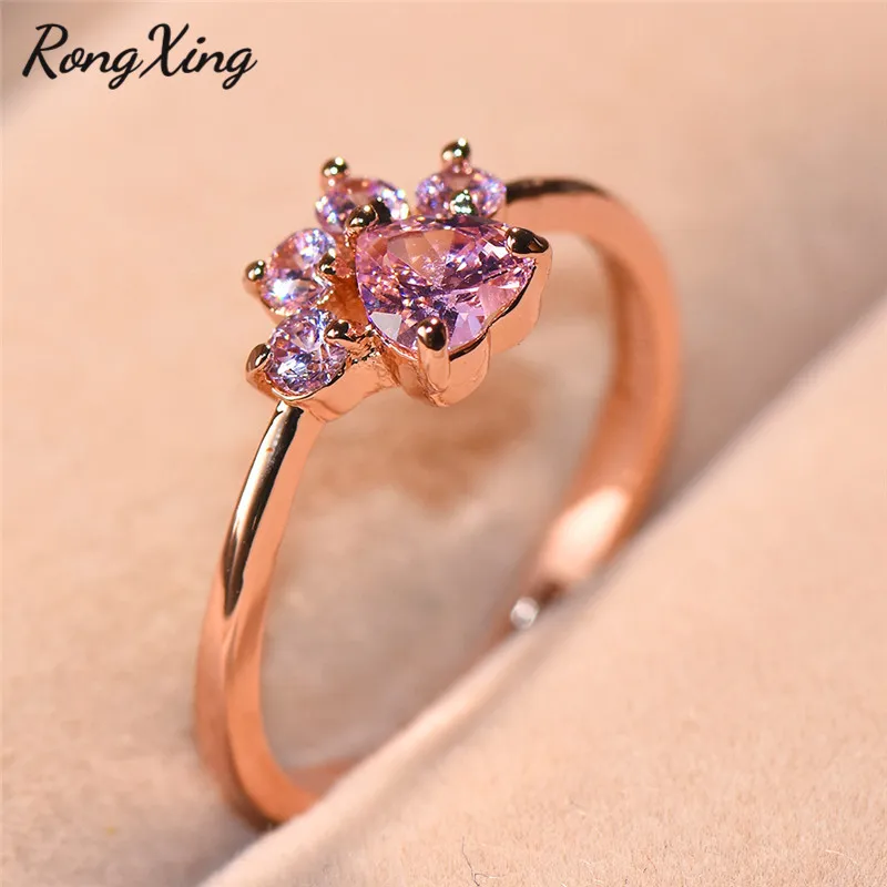 RongXing, милые кольца с розовым сердцем, медведем, собакой, кошкой, отпечатком, для женщин, розовое золото, заполненное, кольцо для открытия, AAA циркон, ювелирные изделия для когтей животных
