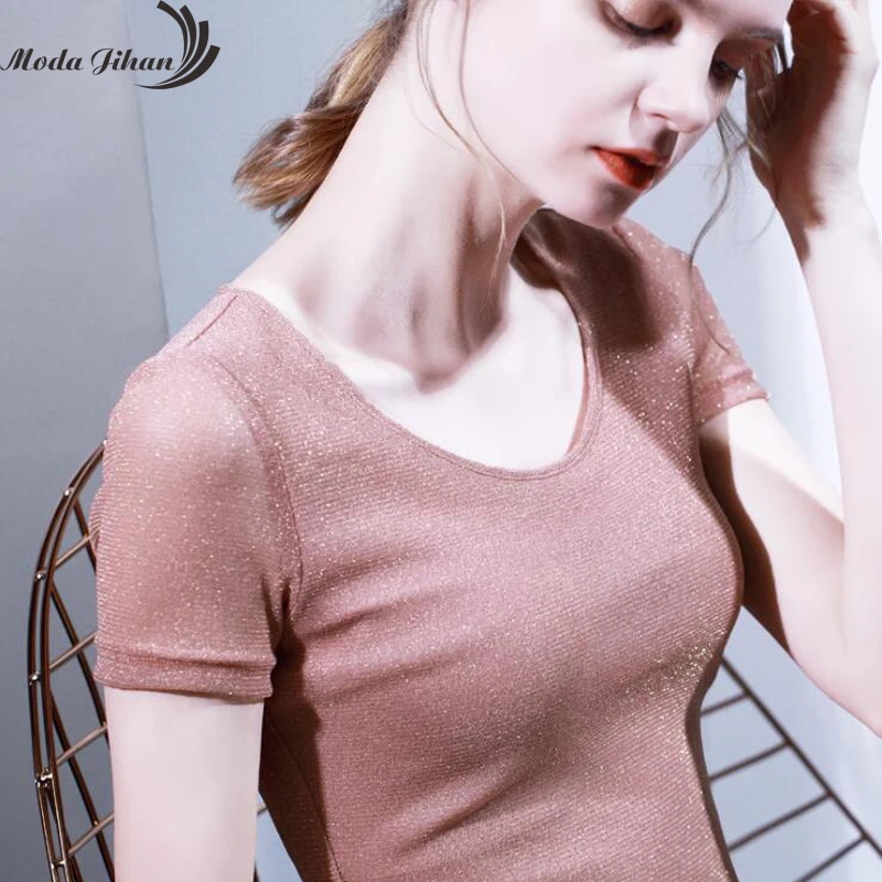 Moda Jihan женская рубашка с блестками блестящая сетка короткий рукав круглым