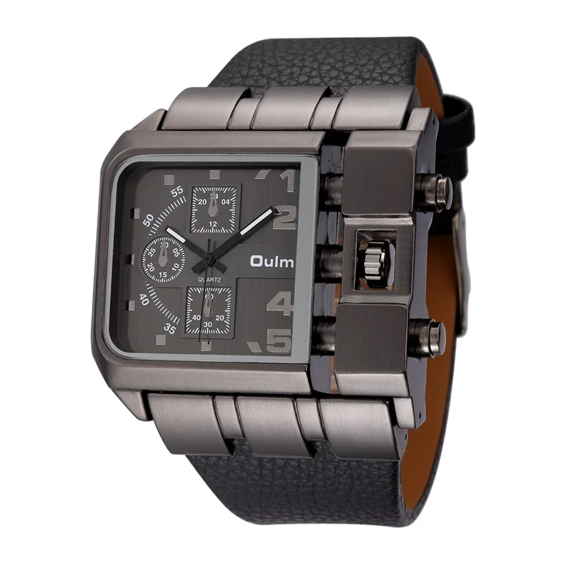 

2020 Oulm Brand Original Unique Design Square Men Wristwatch Wide Big Dial Casual Leather Strap Quartz Watch Male Sport Watches