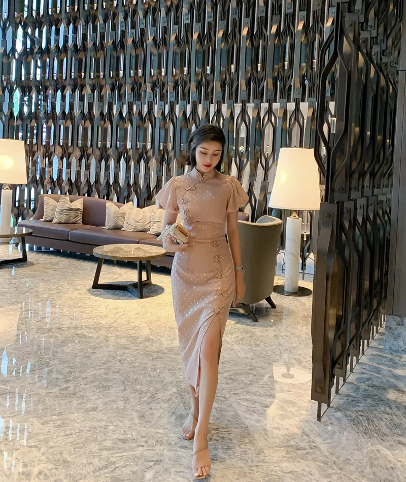 Летние винтажные платья Cheongsam, офисный Женский Бандаж, Сплит, Сексуальные вечерние платья, стоячий воротник, короткие пышные рукава, высококачественное женское платье
