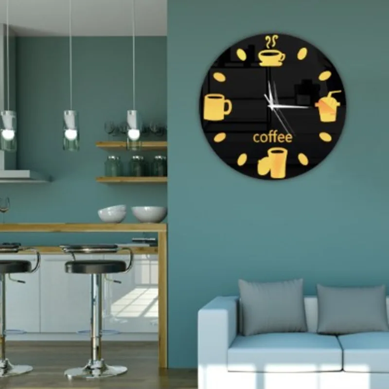 Зеркальные настенные часы 3D Coffee Cup Tableware размером 12 дюймов без звука для кухни, офиса и гостиной декор.