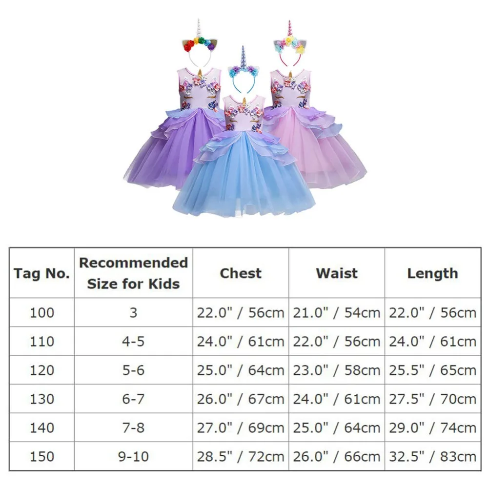 

2pcs Set Girls Princess Dress + Headband Unicorn Halloween Cosplay Costume Dress for Kids Sleeveless Party Birthday Tulle Dress