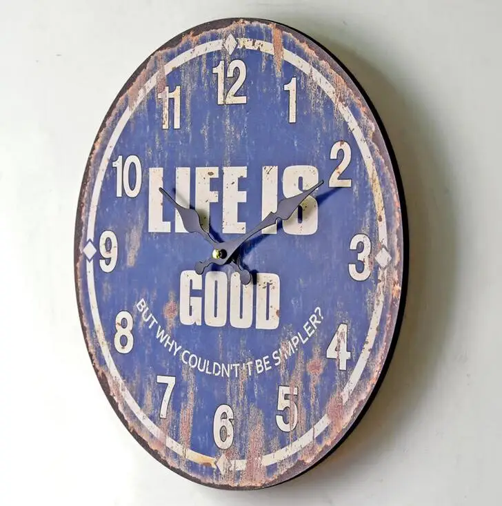 Винтаж старый синий Жизнь хороша настенные часы Европа Mondern Дизайн деревянные
