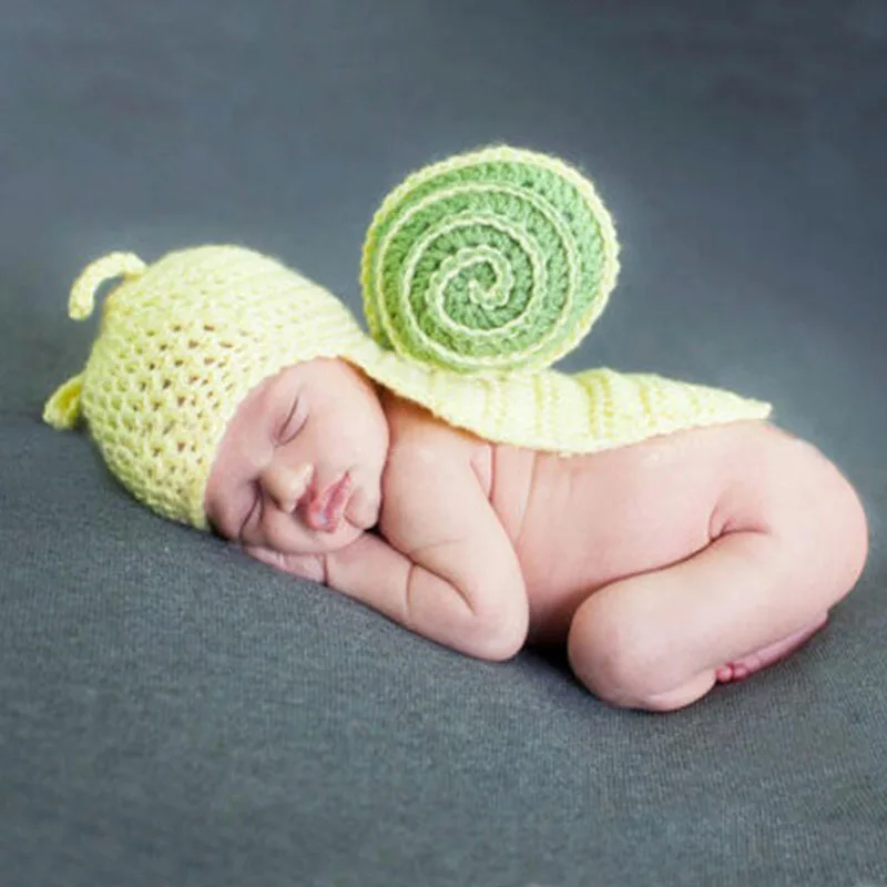 Soft Newborn Photography Props Costumes Green Snail  Ladybird One Piece Hat  Baby Knitted Photo Accessories Infant Outfit