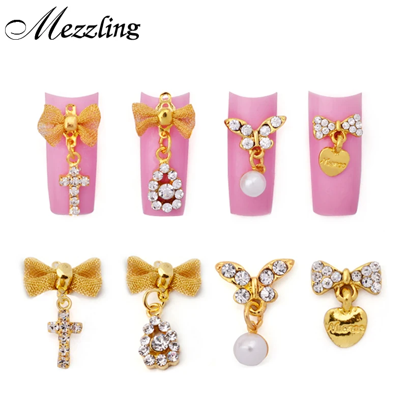 10 шт./лот блестящее украшение для ногтей из золотого сплава со стразами бант