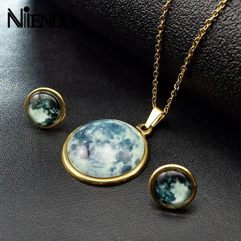 NIENDO Present Hot sale Fashion Women Stainless Steel solar eclipse Glass ball of universe sights pendant earrings Jewelry Sets | Украшения