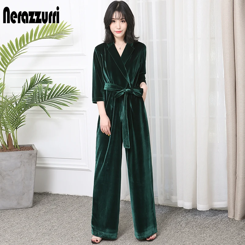 Dark Green Nerazzurir длинный бархатный комбинезон с рукавами для женщин элегантный красный черный плюс размер широкие пояса Макси Пол Длина Комбинезон - Цвет: Dark Green