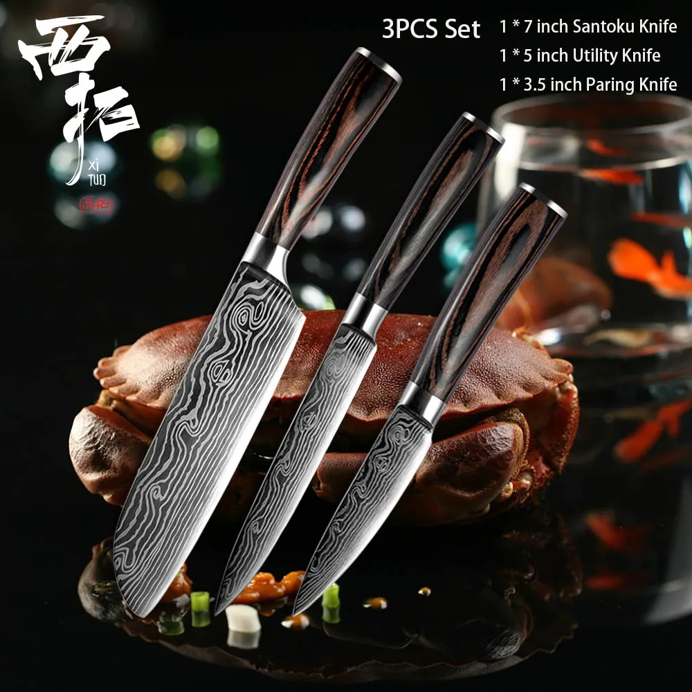 XITUO кухонный нож шеф-повара для резки хлеба овощей филе мяса santoku острый лазерный дамасский узор деревянная ручка инструмент для приготовления пищи - Цвет: 3PCS-B