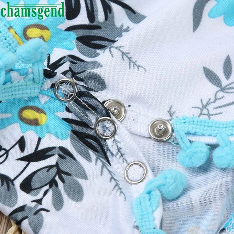CHAMSGEND/детский синий свитер с цветочным принтом и помпонами для новорожденных комбинезон, пляжный костюм+ повязка на голову Одежда для девочек, P30