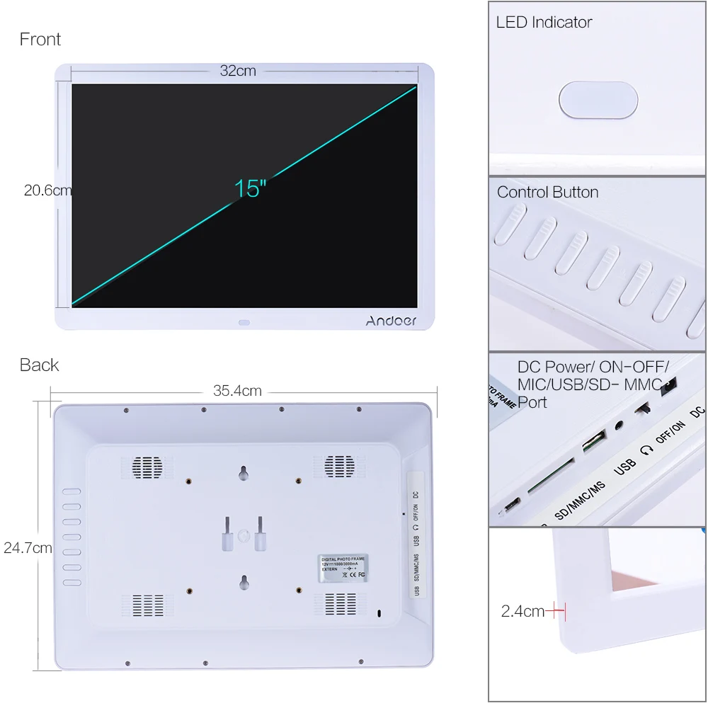 Andoer Electronic Picture Photo Frame 15&quot HD LED Large Screen 1280*800 MP3 MP4 Movie Player with Remote Control | Электроника