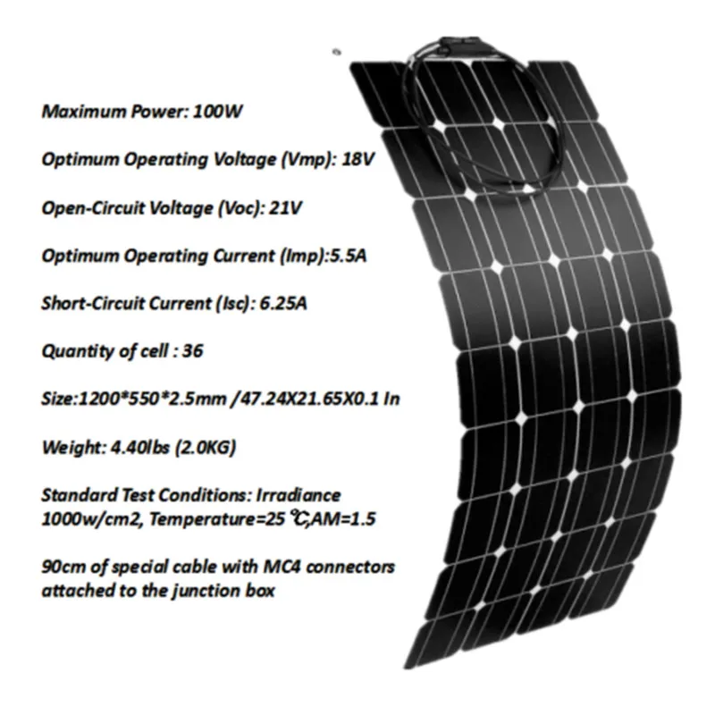 

100w 200w 300W 400w Portable Solar Panel Flexible 100W plate 36 CELLS Monocrystalline silicon Photovoltaic Panel RV Boat Camping
