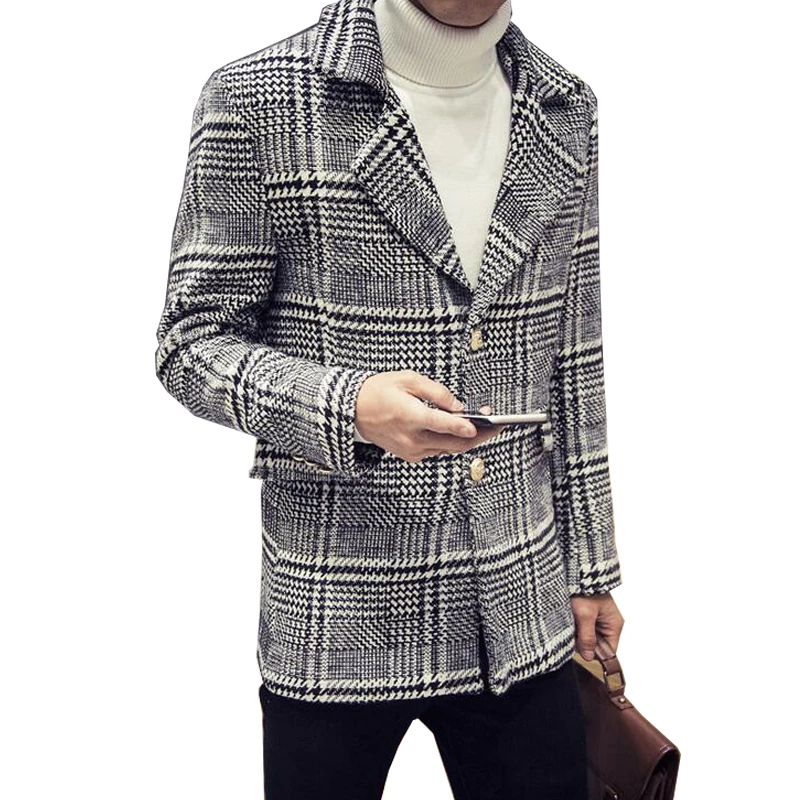 Korea Style Gird Plaid Woolen Trench Men Casual Slim Grid Wool Lengthen and Thicken Overcoat Size M-5XL | Мужская одежда