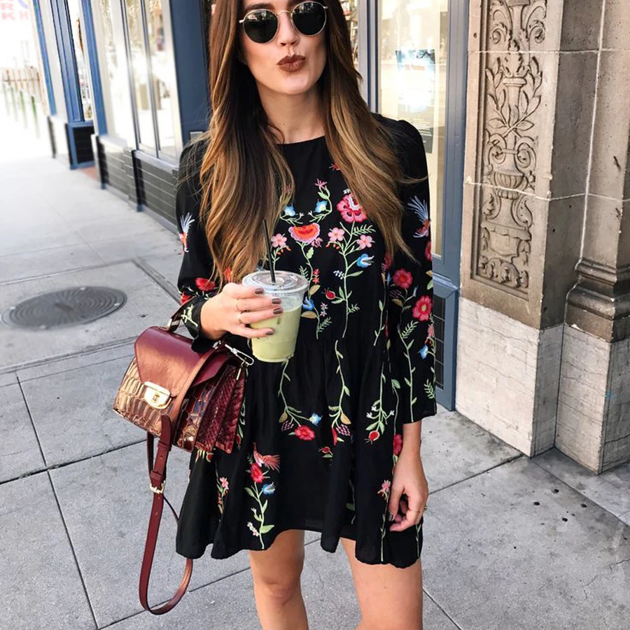 Teelynn Boho черное платье 2018 старинные цветочные Вышивка хлопка с длинным рукавом