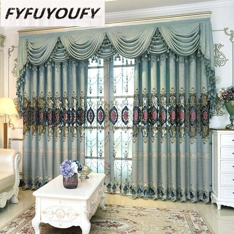 

Luxury Embroidered Chenille Curtains for Living Room European Curtains for Bedroom Luxury Blue Curtains Embroidered Blue Tulle