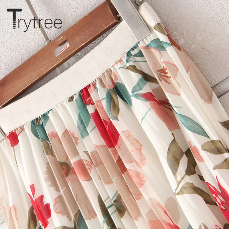 Trytree лето осень плиссированная юбка женская с цветочным принтом полиэстер до
