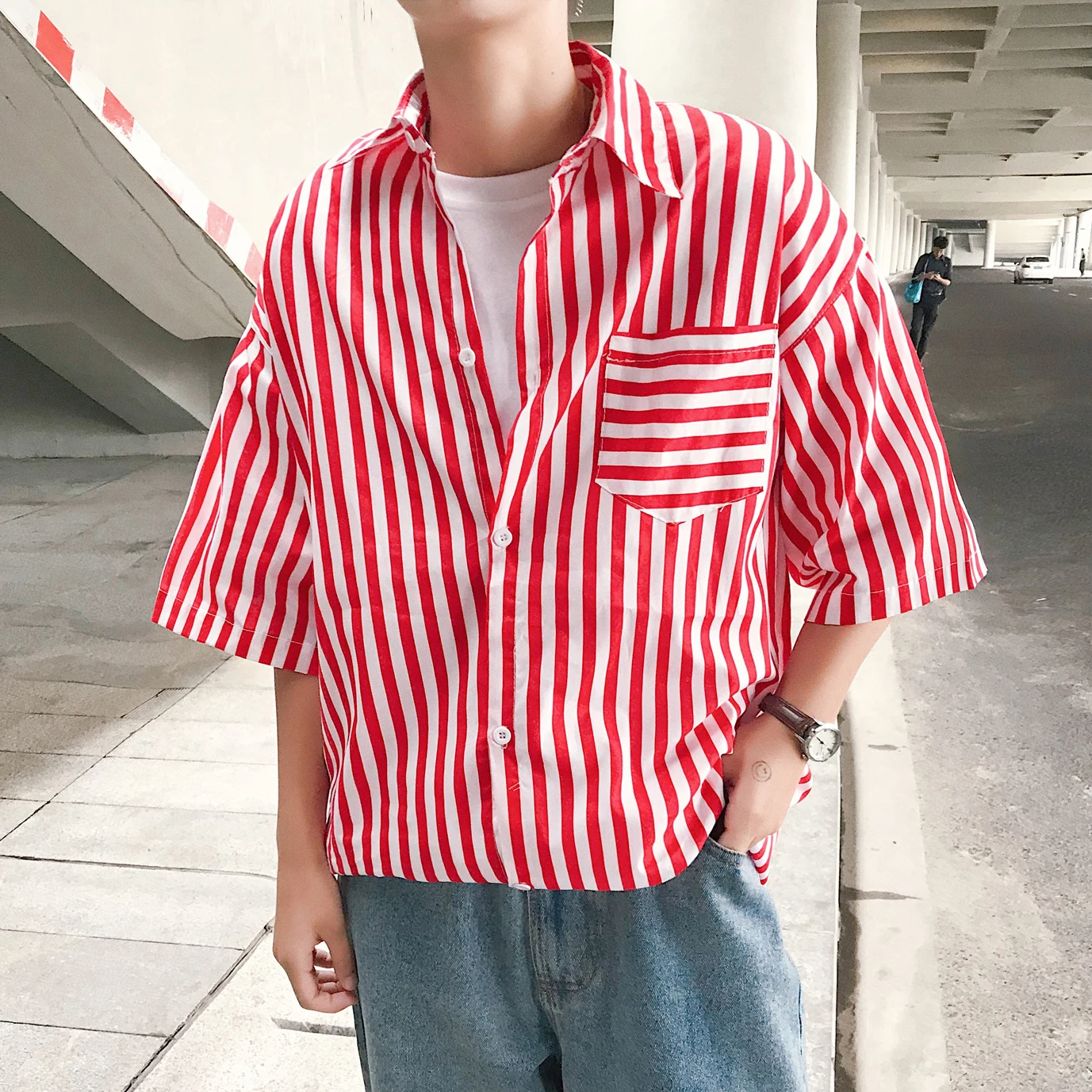 Be. YuMiao корейский Ulzzang Harajuku негабаритных полосок шифоновые рубашки мужские