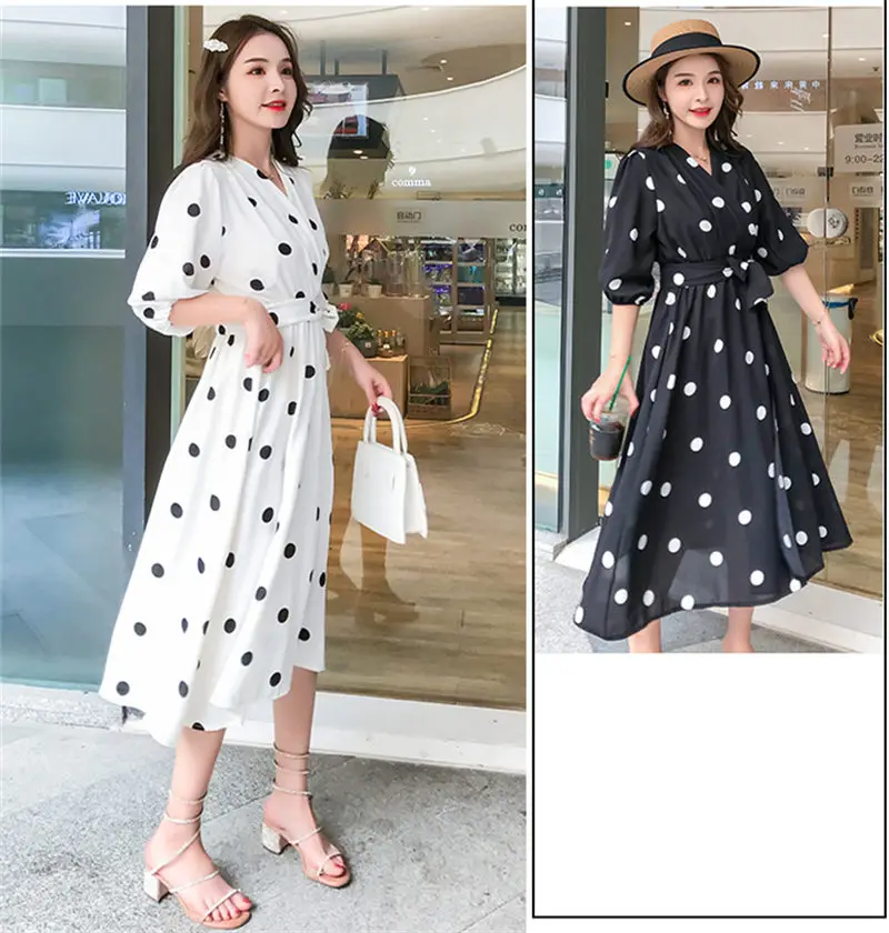 Модные Корея Boho Черный шифон пляжное платье Для женщин лето волна точка печати v-образным вырезом три четверти рукав платья Vestidos