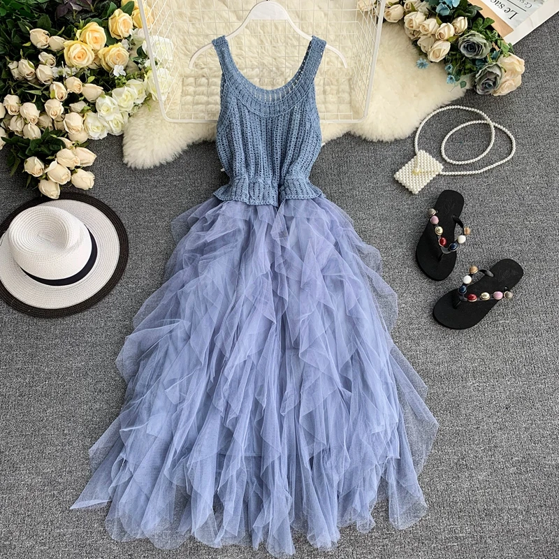 Женская одежда 2019 г. летнее вязаное платье в стиле пэчворк с сетчатыми вставками