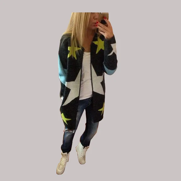 Five-pointed star pattern long section cardigan stars printed sweater knit women |